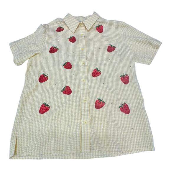 Vintage Quacker Factory M Yellow White Stripe Strawberries Short Sleeve Shirt - Picture 1 of 9